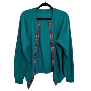 Laurel Burch Size Medium/Large Green Art To Wear Parrot Bird Open Front Cardigan